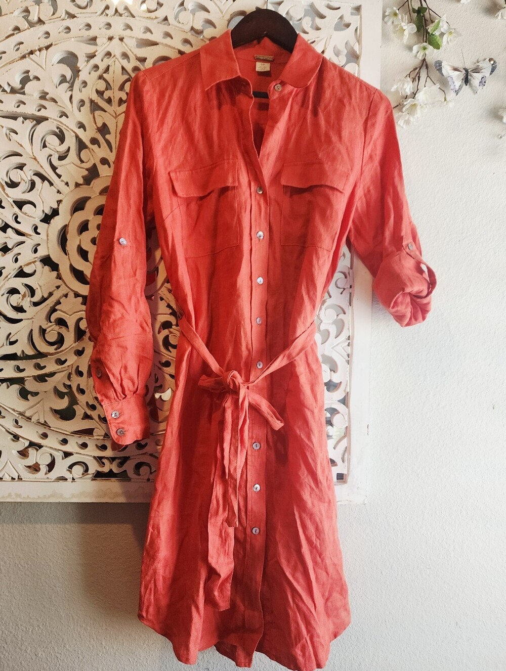 MAGASCHONI 100% LINEN POCKETS BELTED SHIRT/DRESS BURN ORANGE NWOT  SMALL PETITE
